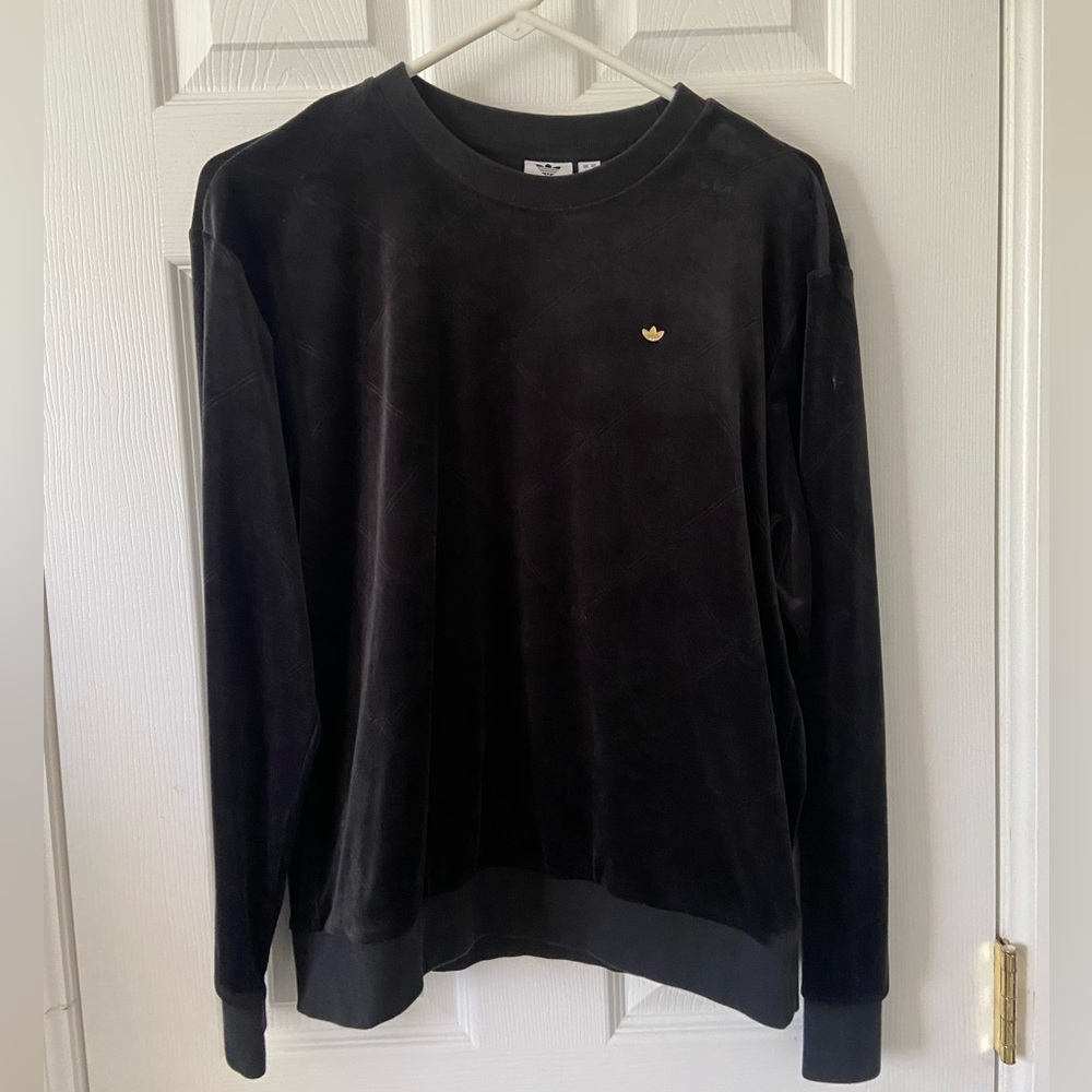 adidas Black Sweatshirt with Gold Trefoil embossed velour logo pattern XS